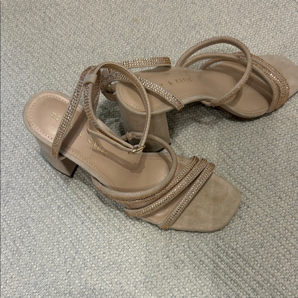 Kelly and Katie Beige Suede with Rose Rhinestone Block Heel Sandals